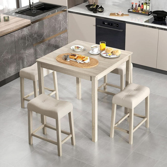 5-Piece Bar Table Set, Square Breakfast Set for 4 W/Padded Stools, Small Kitchen Table Set W/Rubber Wood Legs, Space-Saving Dining Table Set for Living Room, Kitchen, Small Space