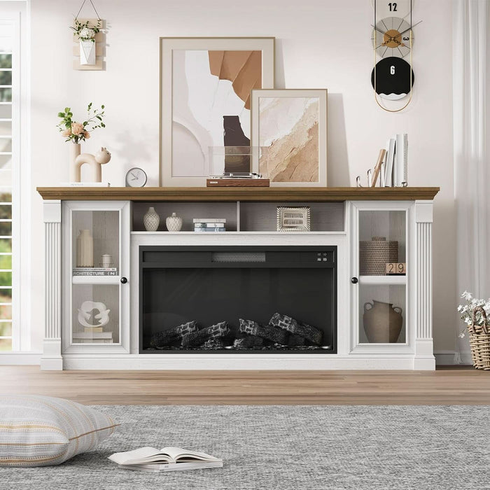 Farmhouse Fireplace TV Stand up to 80" Tvs, 70" Modern Highboy Entertainment Center with 36" Electric Fireplace & LED Lights, Media Console with Adjustable Shelves for Living Room, Antique White
