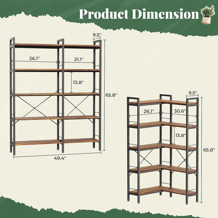 5 Tier Bookshelf, L Shaped Corner Bookshelf with 10 Open Shelves, 49.4 Inch Straight Wide Bookcase with Metal Frame and Wooden Board, Adjustable Feet, Rustic Brown
