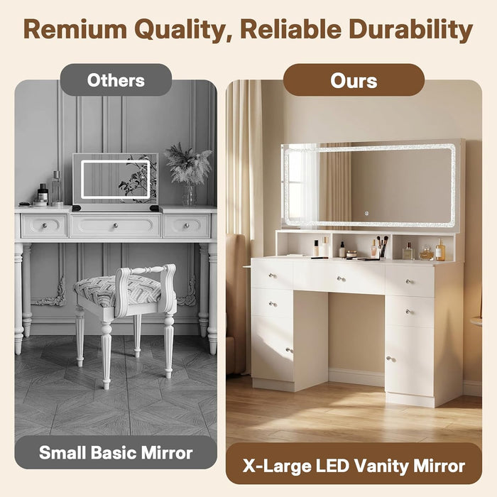 45" Large Makeup Vanitys with Mirror & Lights,Big Vanity Desk with 2 Side Shelves & Adjustable Brightness 3 Color Crystal Sparkle Led,Charging Station,26 Storage Areas for Girls Women White
