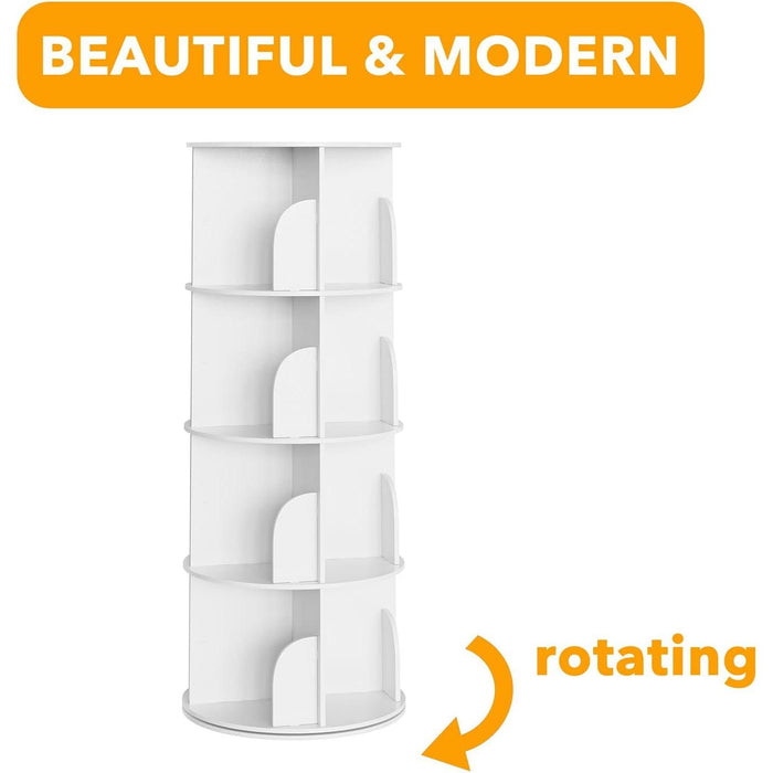 4 Tier Rotating Bookshelf Tower, Spinning Bookcase Lazy Susan, Revolving 360 Book Shelf Storage round Carousel, Vertical Rotate Turning Spiral Corner Organizer, White