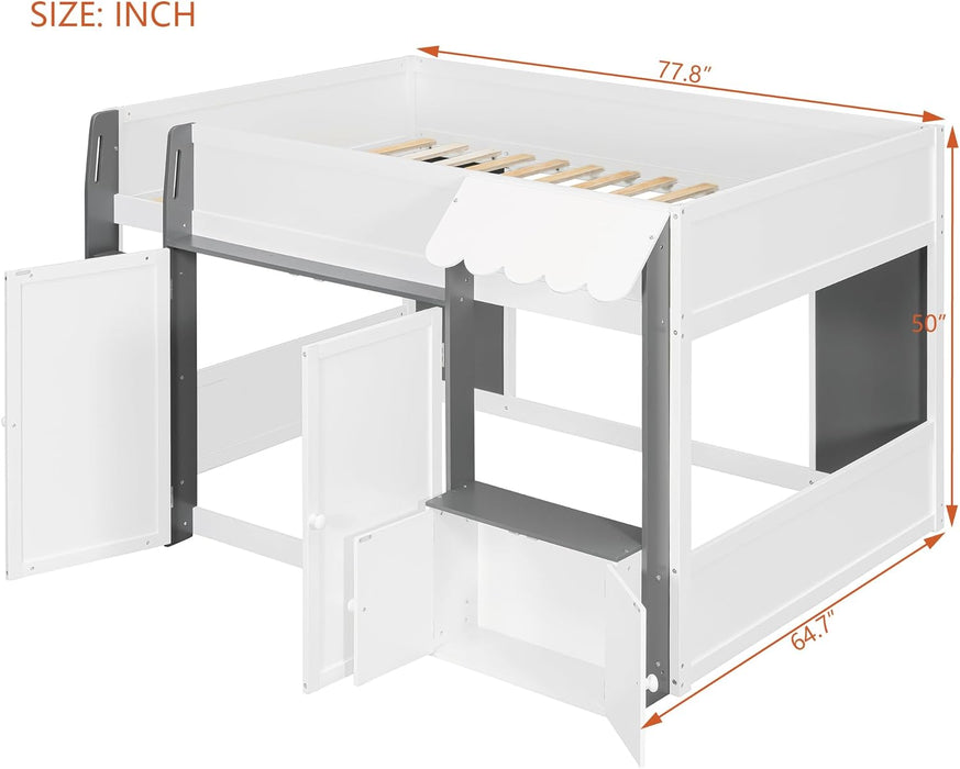 Solid Wood Full Loft Bed With PlayhouseStorageGreyFinish