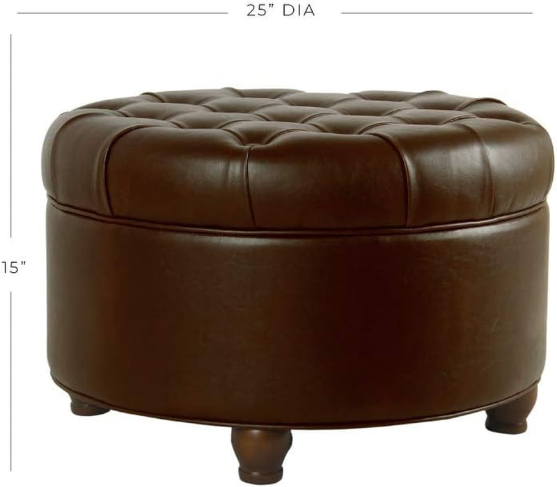 Home Decor | Button Tufted Faux Leather round Storage Ottoman | Ottoman with Storage for Living Room & Bedroom (Distressed Brown)