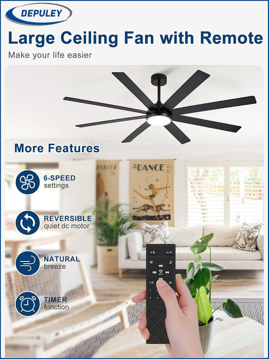 66" Ceiling Fans with Lights: Black Indoor/Outdoor Ceiling Fan for Patios Living Room - 8 Blades Dimmable Large Ceiling Fans with Remote APP Control Timer Reversible Quiet DC Motor 6 Speeds