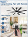 66" Ceiling Fans with Lights: Black Indoor/Outdoor Ceiling Fan for Patios Living Room - 8 Blades Dimmable Large Ceiling Fans with Remote APP Control Timer Reversible Quiet DC Motor 6 Speeds