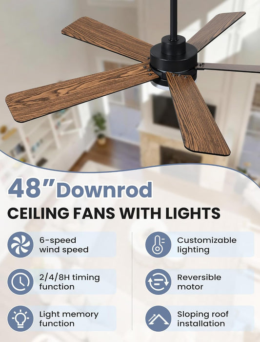 48 Inch Ceiling Fans with Lights and Remote, Downrod Mount, Sloped Ceiling Compatible up to 15°, Quiet Reversible DC Motor, 3CCT Dimmable LED, Black Ceiling Fan for Bedroom Living Room