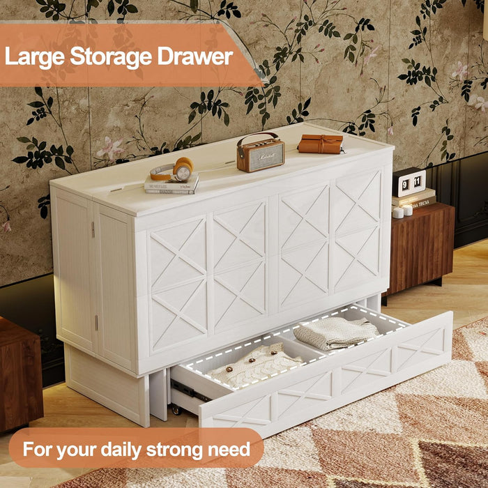 Solid Wood Murphy Bed without Mattress: Solid Wood Queen Murphy Bed with Storage Drawer and Built-In USB Charging Station, Hidden Bed Furniture for Multipurpose Area, Diamond Ivory White-22