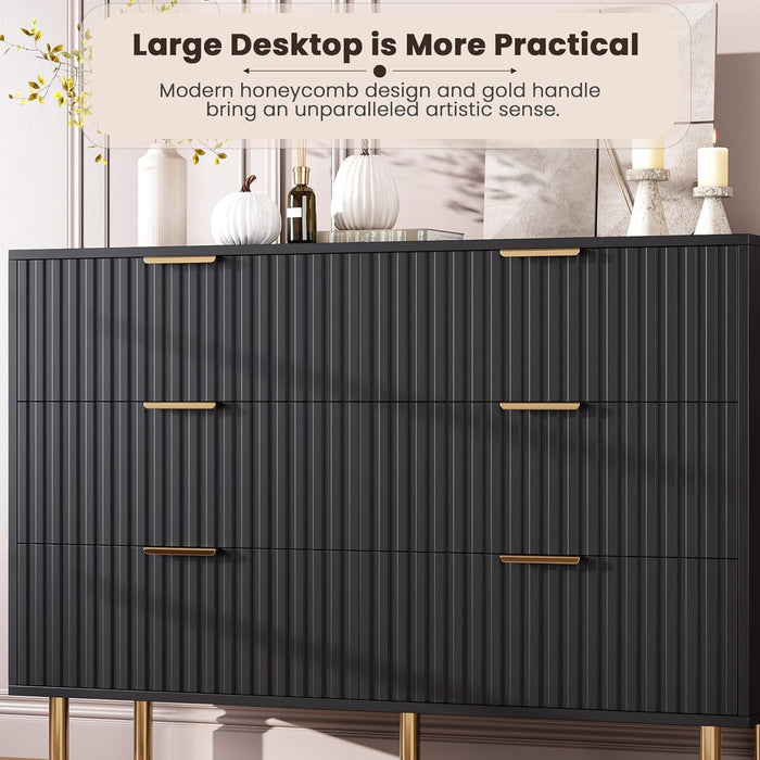 47.2" Fluted Black 6 Drawer Dresser for Bedroom with Deep Drawer