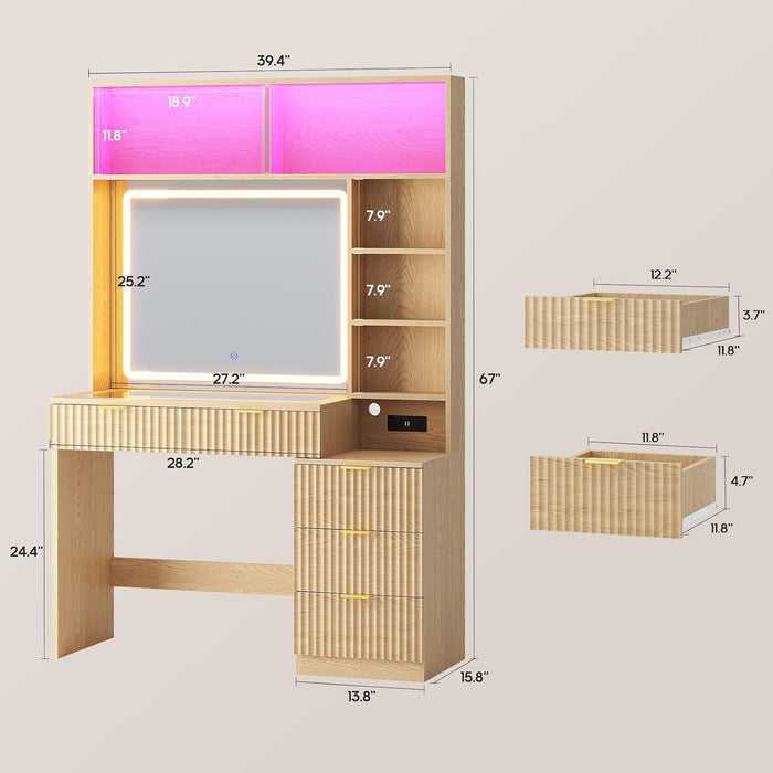 Oak Luxurious Vanity Desk With Mirror Illumination