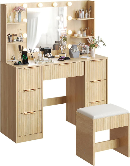 Fluted Makeup Vanity Desk with Mirror & Lights & Power Outlet, Small Vanity Table W/ 7 Drawers & 4 Storage Shelves,Oak Modern Dressing Table Set Charging Station for Bedroom