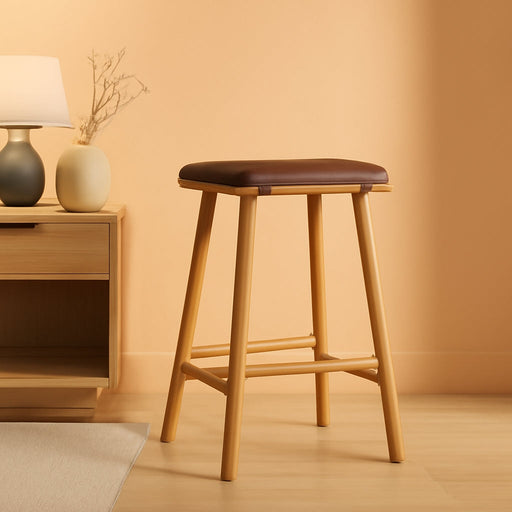 Nathan James Barker Classic Counter Height Wood Barstool with Leather Removable Cushion, Backless Island 24" Bar Stool for Kitchen, Chestnut Brown, Set of 2