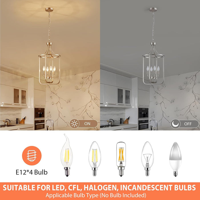 12.4" Brushed Nickel Lantern Chandeliers for Dining Room 4 Lights Farmhouse Geometric Cage Pendant Lighting Fixture Adjustable Height Hanging Lamp for Kitchen Island Entryway Living Room Foyer