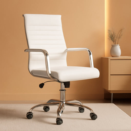 Ribbed Office Desk Chair Mid-Back PU Leather Executive Conference Task Chair Adjustable Swivel Chair with Arms (White)