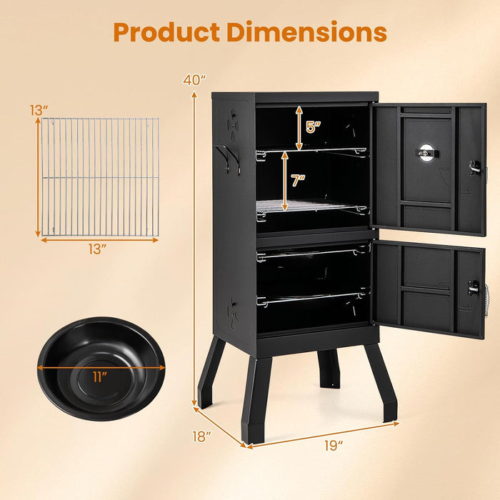 Outdoor Smoker with Double Doors, 2 Detachable Grill Netting Smoking Racks, Charcoal Pan & Water Pan, 4 Air Vents, Thermometer, Vertical Charcoal Smoker for Barbecue Camping Backyard Grill