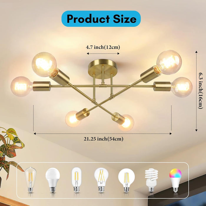 Modern Sputnik Chandelier 6-Light Industrial Ceiling Lights Fixture Gold Semi Flush Mount Ceiling Light Fixture with E26 Base Sputnik Lights Fixture for Dining Room Bedroom Foyer Hallway Living Room