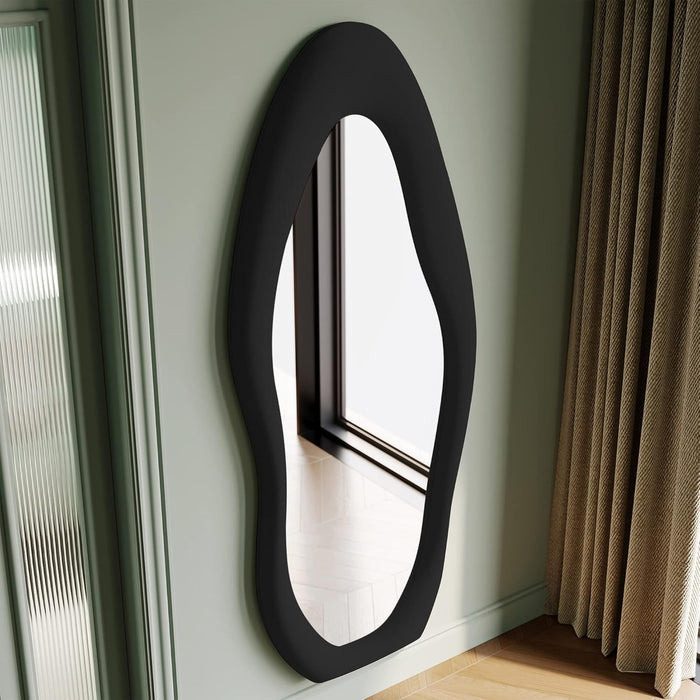 Full Length Mirror, 63" X 24" Wall Mirror, Flannel Wrapped Wooden Frame Floor Mirror, Irregular Wavy Mirror Hanging or Leaning against Wall for Cloakroom/Bedroom/Living Room, Black
