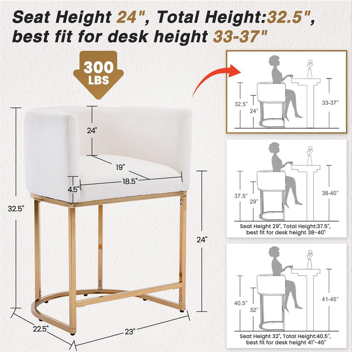 Modern Barrel Counter Height Clearance Bar Stools Set of 2, 24 Inch Velvet Kitchen Barstools with Back for Island, with Gold Metal Tubular Frame, Ivory