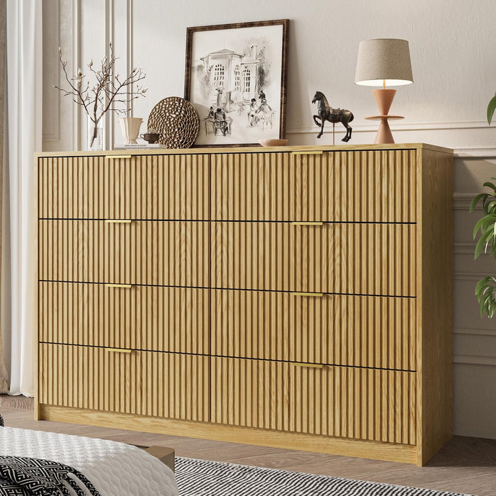 55" Wide Fluted 8-Drawer Double Dresser for Bedroom, Natural