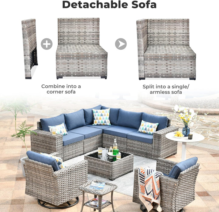 9 Pieces Patio Furniture Set, Outdoor Wicker Sectional Sofa with 2 Swivel Chairs Coffee Table, Modern Modular Deep Seat Rattan Couch Conversation Sets, Denim Blue