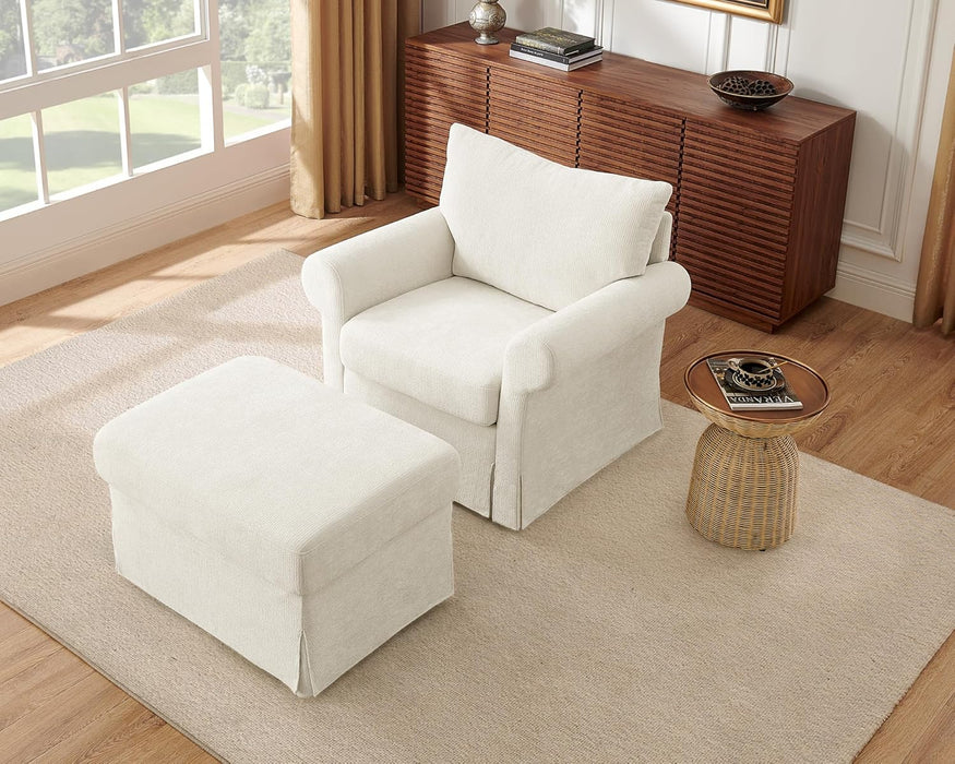 Modern Accent Chairs with Ottoman Set, Comfy Chenille Reading Armchair with Rolled Arms and Cushion Backrest, 35.8" W Single Living Room Chairs for Bedroom, Study, Apartment, Beige