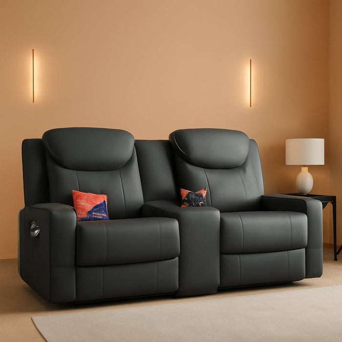 Loveseat Recliner Sofa, Gray PU Leather Double Recliner Loveseat with Console, Cup Holders, Storage & USB Ports, Ergonomics， Manual Reclining Sofa Couch for Living Room, RV