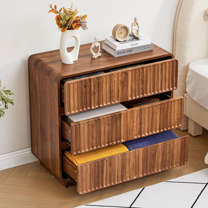 Walnut Fluted 3 Drawer Dresser With StorageCapacity