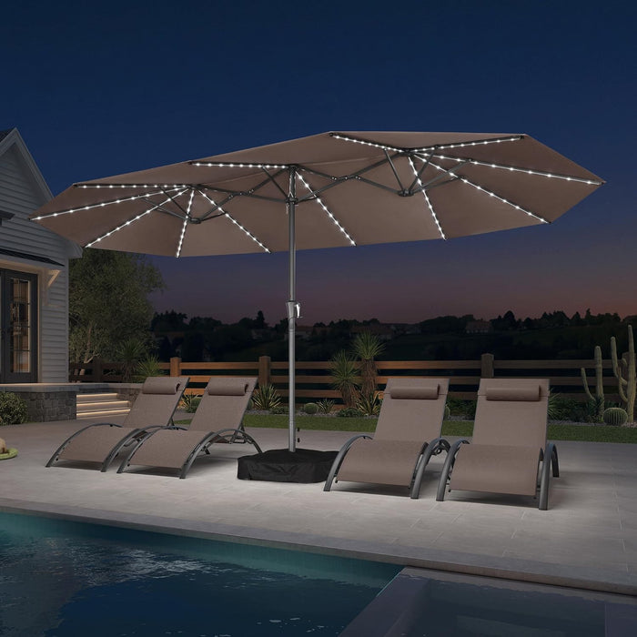 15Ft Double-Sided Patio Umbrella with Base and Solar Lights Outdoor Market Umbrella with Crank Handle Rectangle Umbrella for Backyard Pool Garden Deck, Taupe