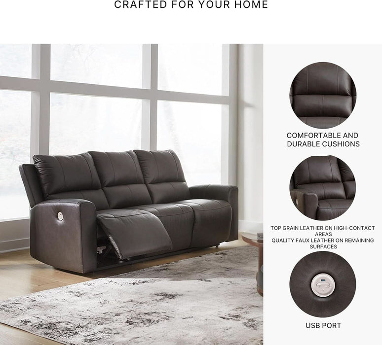 Boxmere Modern Leather Match Power Reclining Sofa with USB Ports, Dark Brown