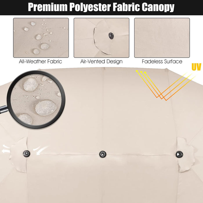 15Ft Double-Sided Patio Umbrella, Outdoor Extra Large Umbrella W/Hand-Crank System & Air Vents, Market Twin Umbrella W/ 12-Rib Sturdy Metal Frame for Poolside, Garden Backyard (Beige)