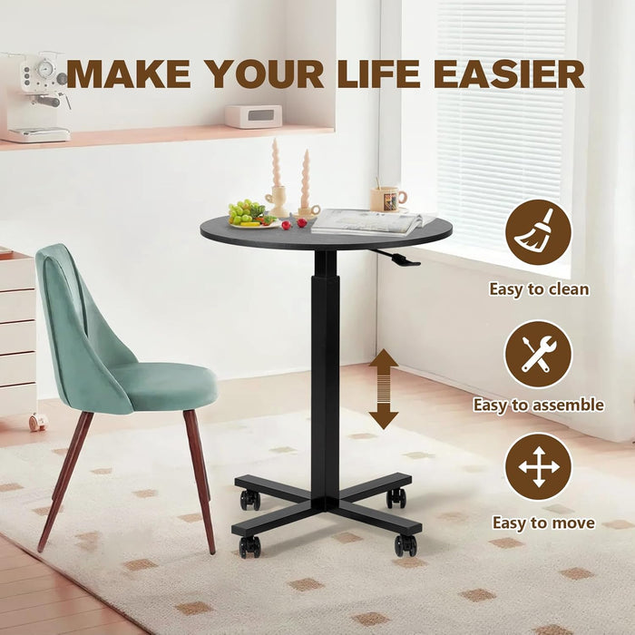Bar Table,Round Dining Table with Height Adjustment,23.8-Inch Top, 41 Inch Adjustable Range, Comes with 4 Wheels, Ideal for Small Bar & Café(Rustic Brown), Set of 1 (Black)