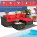 5-Piece Patio Conversation Set - Outdoor PE Rattan Furniture Set W/Glass Coffee Table, Back & Seat Cushions, Soft Pillows, Sectional Sofa Set for Porch, Backyard (Red)