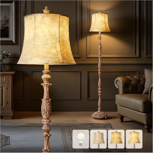 Vintage 66” Tall Floor Lamp for Living Room Bedroom, Resin Carved Standing Lamp with Faux Leather Shade, Adjustable Bulb, Rotary Switch Rustic Lamp for Home Decor (Light Brown)