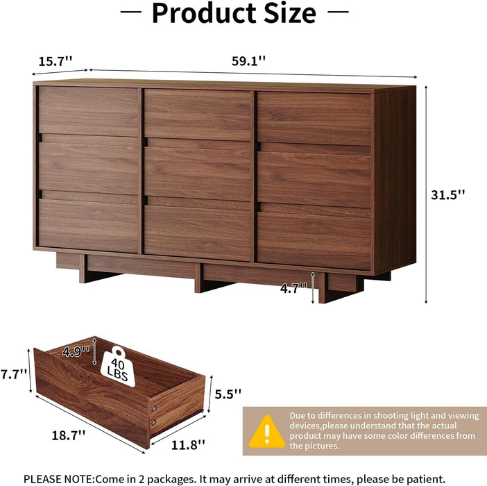 9 Drawer Walnut Dresser for Bedroom,59" Wide Mid Century Modern Dresser