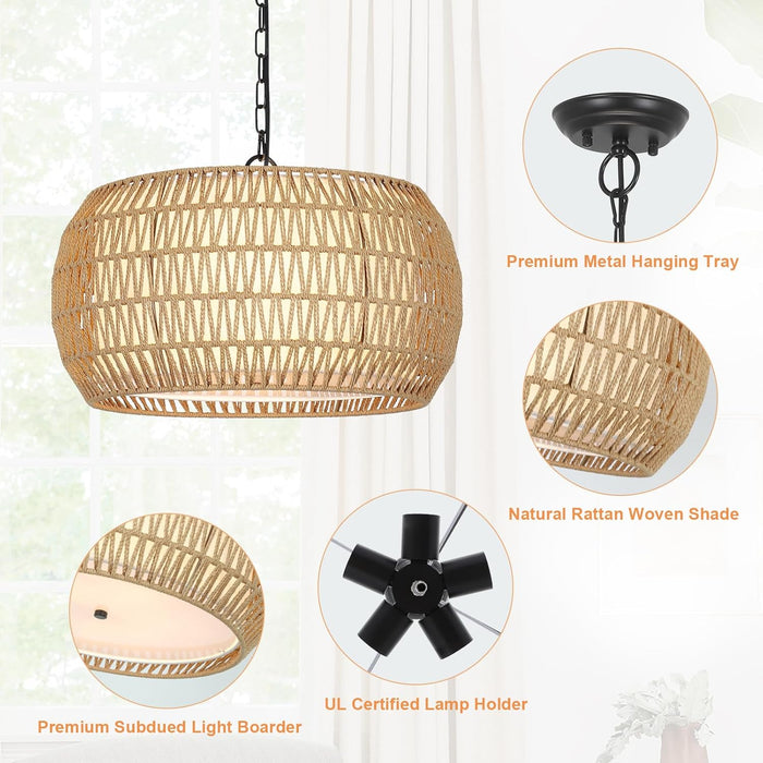 Rattan Farmhouse Chandelier Light Fixtures, 5-Lights Boho Large Pendant Light,Hand Woven Chandeliers for Dining Room with Fabric Shade,Rustic Chandeliers Hanging Light Fixtures for Kitchen Island