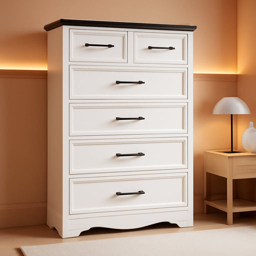 White Farmhouse Dresser for Bedroom, Modern 6 Chest of Drawers, 44" Tall Chest of Drawers W/Brushed Metal Handle, Wood Closet Organizers and Storage Cabinet for Bedroom, Living Room, Hallway
