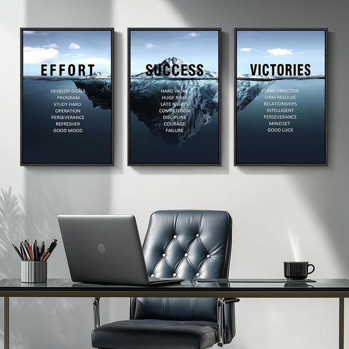 Framed Motivational Wall Art for Office Decor, Set of 3 Inspirational Modern Iceberg Canvas Wall Art Prints, Navy Blue Positive Quotes Pictures for Home Office Gym Library Wall Decor, 16X24 Inch