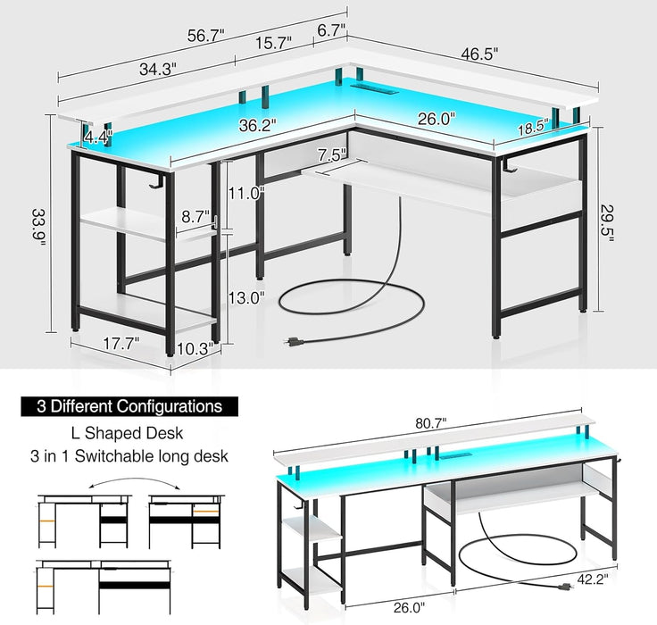 Computer Desk L Shaped 56.7" with LED Lights and Power Outlets, Reversible L Shaped Gaming Desk with Monitor Stand, Home Office Desk with Storage, Desk with USB Port and Hook, White