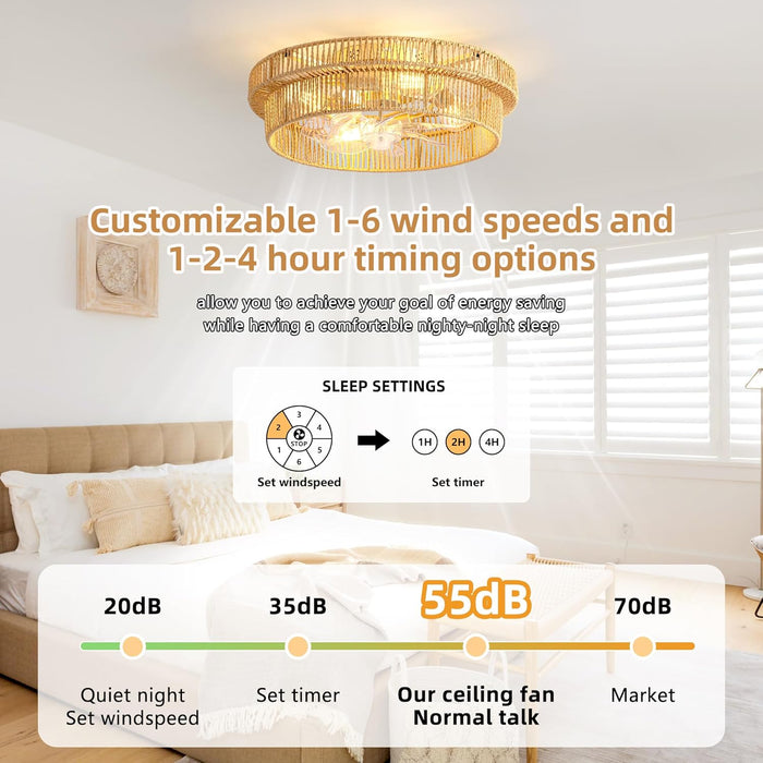 Rattan Boho Ceiling Fan with Light Flush Mount, 20 Inch Caged Ceiling Fans with Light and Remote Control, Low Profile Enclosed 6 Speeds for Bedroom, Nursery, Living Room, E26 Base (Brown)