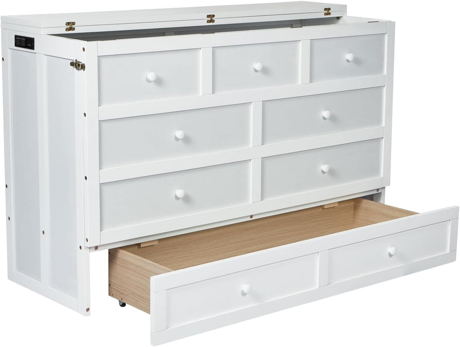 Queen Murphy Bed with Storage Drawer and Charging Station, Cabinet Bed, Farmhouse Murphy Cabinet with Foldable Panel, Noisy Free, for Guest Bedroom, Living Room, White+White Panel