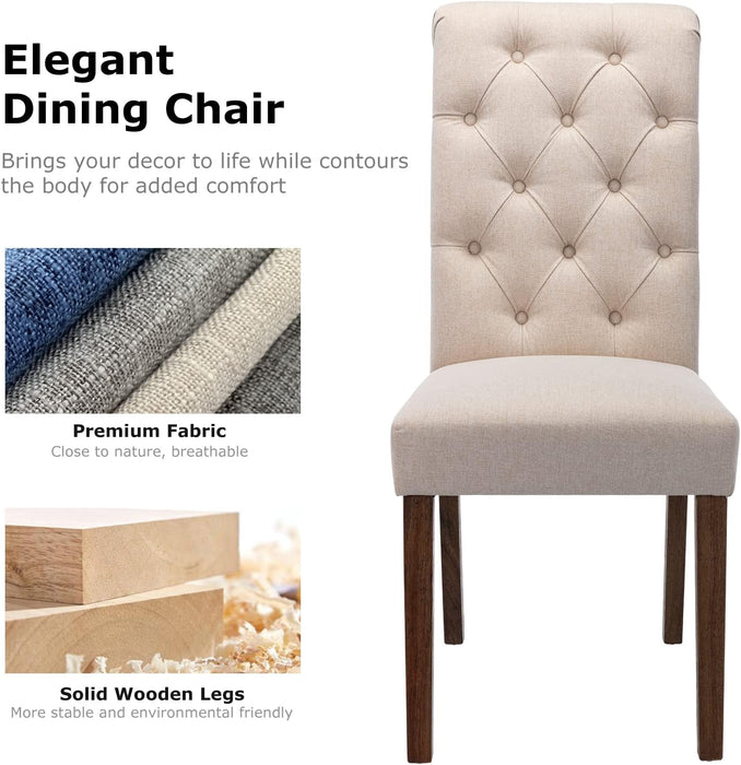 Button Tufted Dining Chairs Set of 6, Accent Parsons Diner Chair Upholstered Fabric Dining Room Chairs Stylish Kitchen Chairs with Solid Wood Legs and Padded Seat - Dark Beige