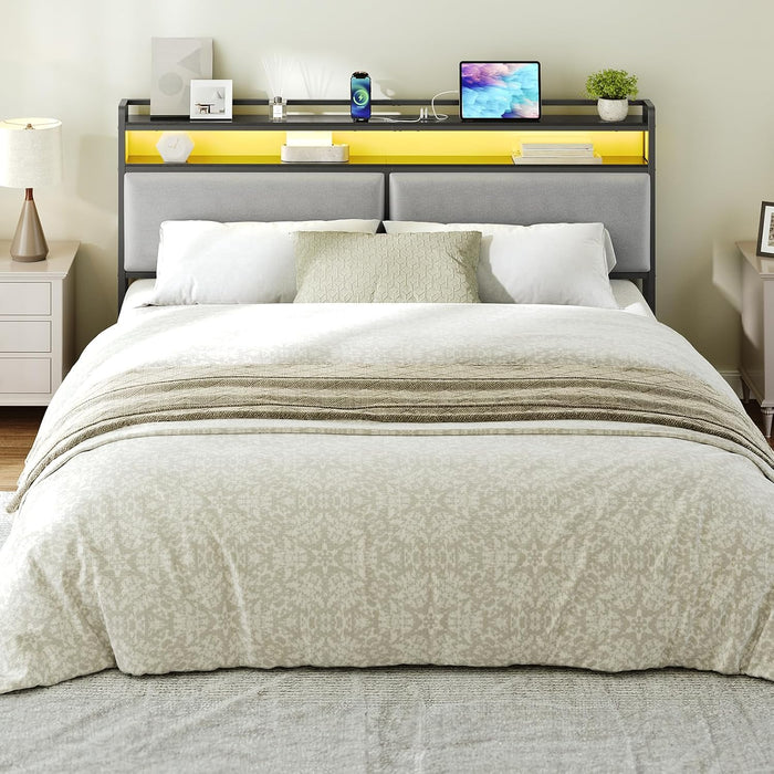 King Size Upholstered Headboard, Storage Headboard with Charging Station and Adjustable LED Lights, 2 Standard Outlets and 2 USB Ports, King Headboard Only, Easy Assembly, Black and Gray