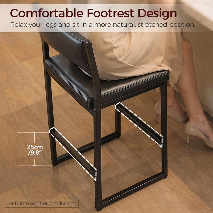 Bar Stools, Set of 2 Bar Chairs with Backrest and Footrest, 26" PU Leather Counter Height Barstools, PU Cushioned Seat, Metal Frame, for Kitchen, Dining Room, Home Bar, Black BABK11R01