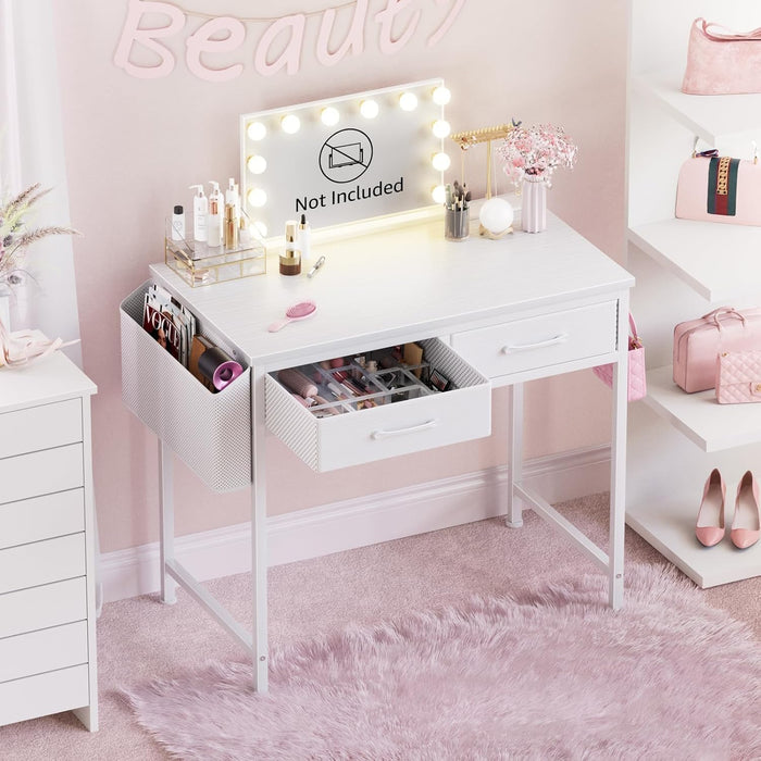 White Small Desk with Fabric Drawers - 32 Inch Vanity Desk with Storage Drawer and Bag for Bedroom, Small Vanity without Mirror, Study Writing Table for Her Girls, White