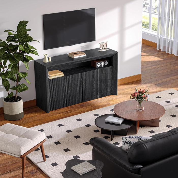 TV Stand for Tvs up to 85 Inch, Wood Entertainment Center with Open & Adjustable Storage, Mid Century Modern TV Media Console with LED Lights for Living Room, Bedroom, Dark Grey