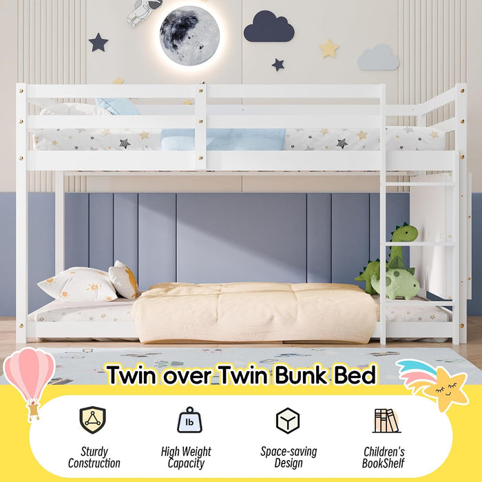 Low Bunk Bed for Kids, Floor Bunk Bed Twin over Twin with Bookshelves & Full Guardrails, Wooden Twin Bunk Bed Frame for Bedroom, Dorm, Boys, Girls, Children, Toddler (White)