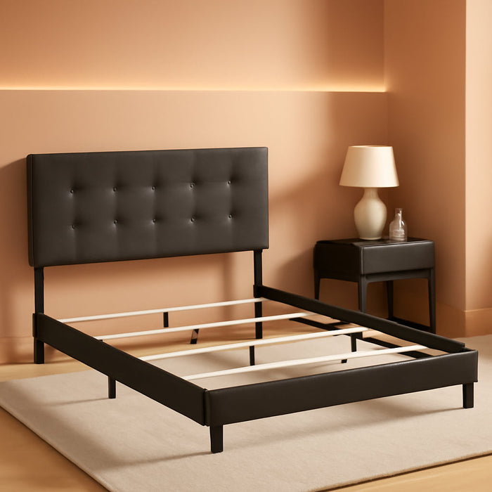 Home Furnishings - Mapes - Wood - Upholstered Panel Bed with Tufted Headboard, Low Frame and Transitional Style - Bedroom - Queen Size - Charcoal - 305746Q