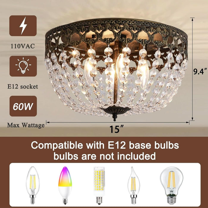 15" Vintage Ceiling Light, 4-Lights Bronze Crystal Flush Mount Chandelier Light Fixture, Antique Ceiling Lamp for Living Room Bedroom Dining Room Kitchen Hallway Locker Room