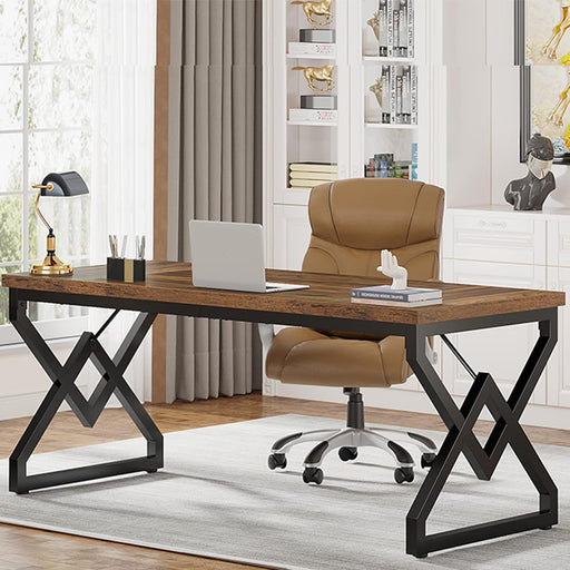 63" Large Industrial Executive Desk with Extra Thickened Tabletop & Metal Frame, Heavy-Duty 300 Lb Capacity Home Office Desk for Study Room, Dorm, Bedroom – Vintage Brown & Black