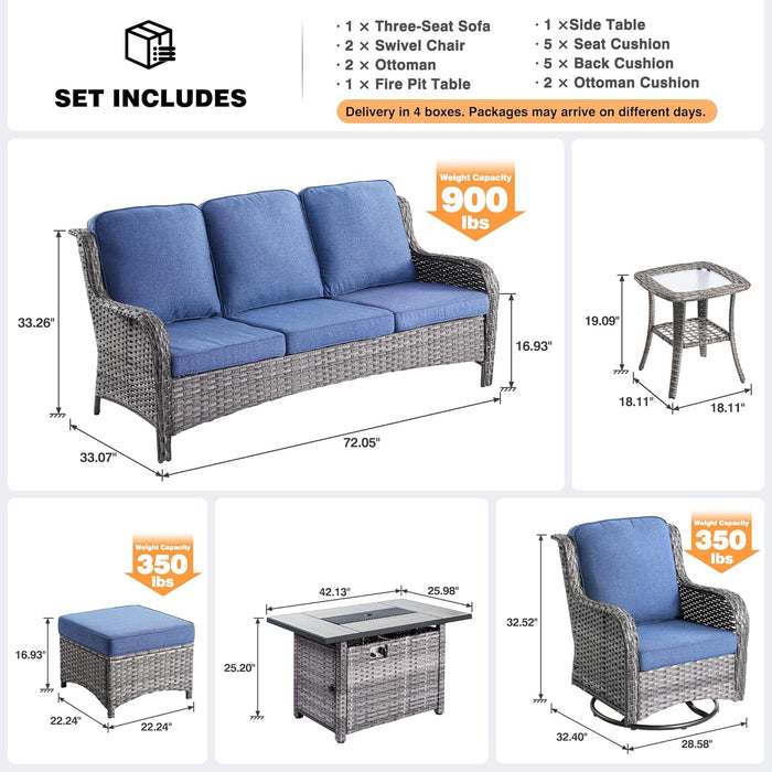7-Pieces Patio Furniture Set with 42 Inch Fire Pit Table Swivel Chairs, Outdoor Wicker Sofa Couch Gliders Rocker, Modern High Back Conversation Set, Grey Rattan, Denim Blue