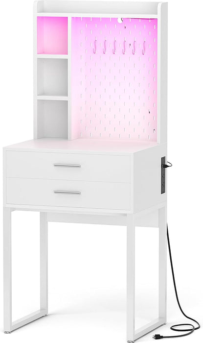 Small Vanity Desk with Hutch and Drawers, White Makeup Vanity Desk with Charging Station, Vanity Table Dressing Table with LED Lights, Vanity Desk No Mirror with Pegboard for Girls Women, 24"